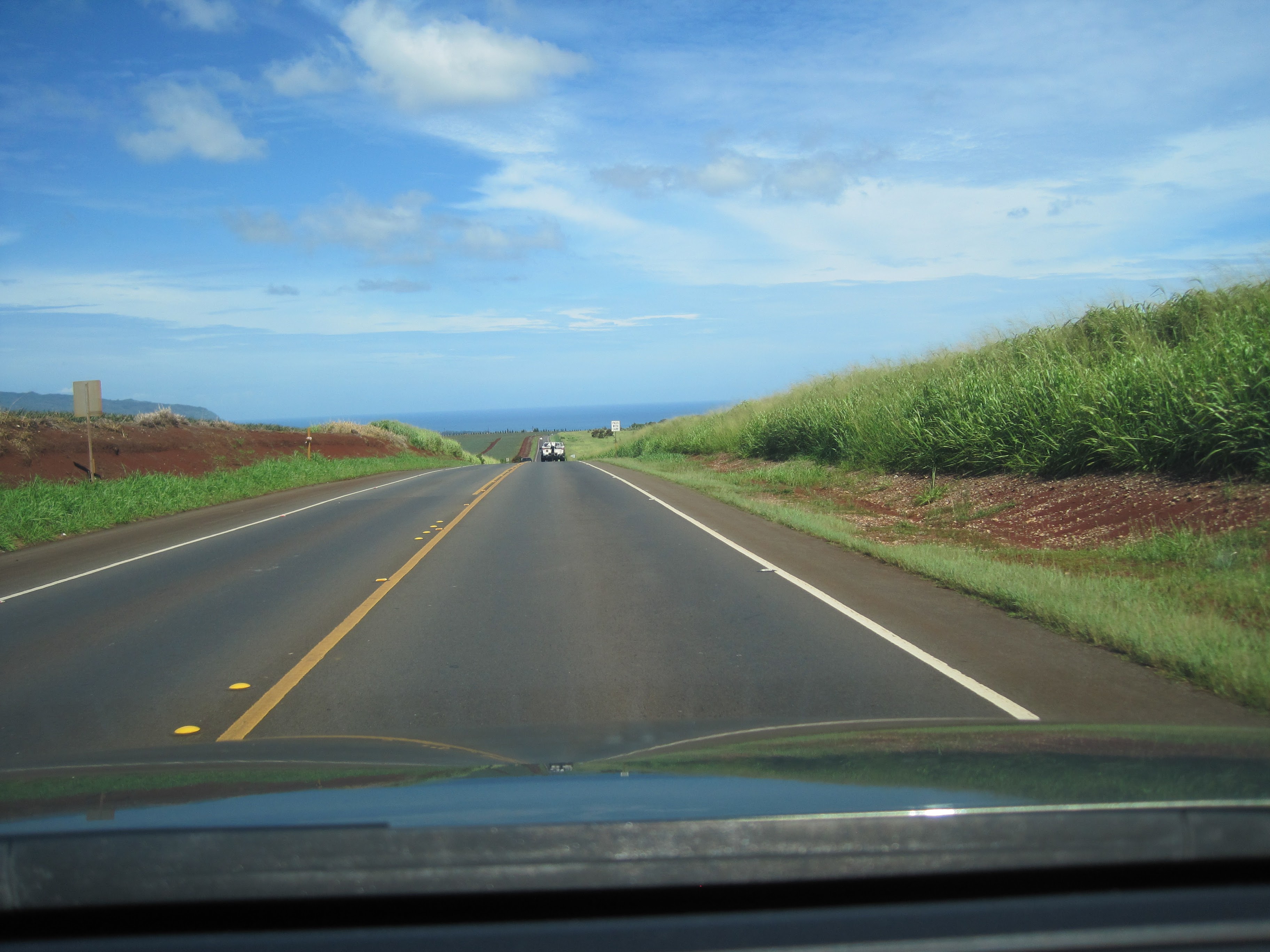 Hawaii highway with ocean views and green fields